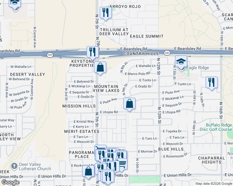 map of restaurants, bars, coffee shops, grocery stores, and more near 1083 Mountain Shadow Lake Condominium in Phoenix