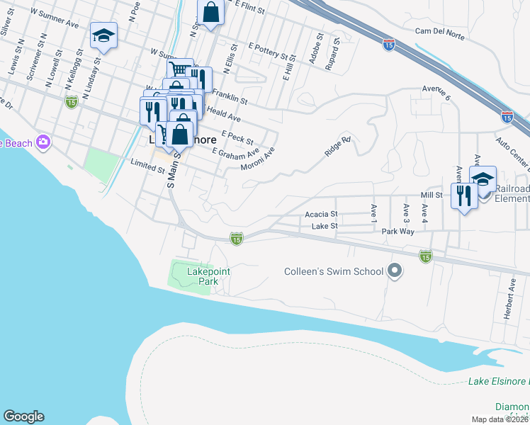 map of restaurants, bars, coffee shops, grocery stores, and more near Acacia Street in Lake Elsinore