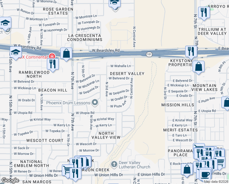 map of restaurants, bars, coffee shops, grocery stores, and more near 214 West Sequoia Drive in Phoenix