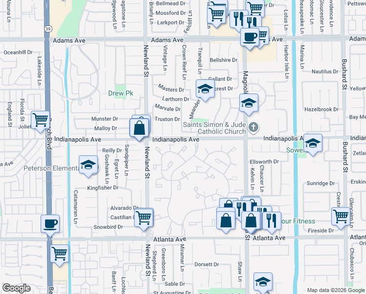 map of restaurants, bars, coffee shops, grocery stores, and more near 8685 Merced Circle in Huntington Beach