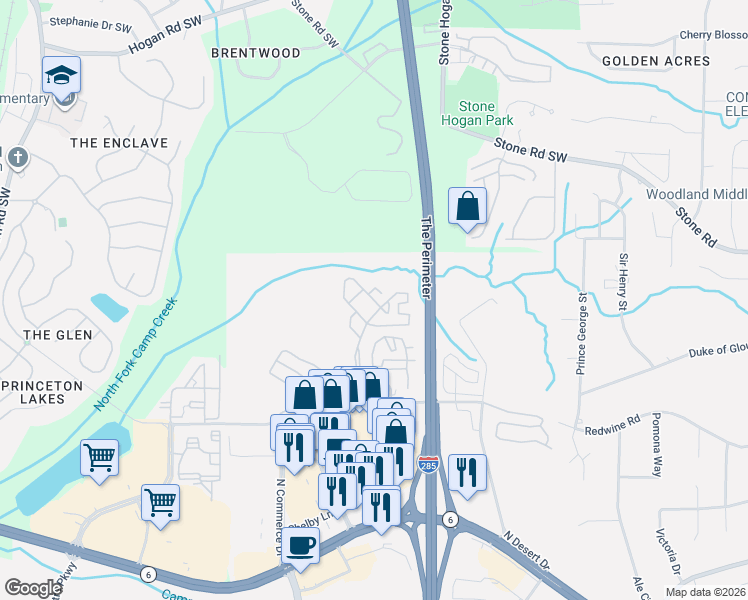 map of restaurants, bars, coffee shops, grocery stores, and more near 3505 Redwine Road in East Point