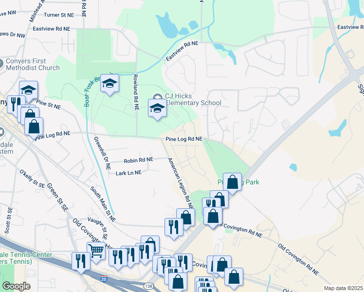 map of restaurants, bars, coffee shops, grocery stores, and more near 1357 Pine Logging Road Northeast in Conyers