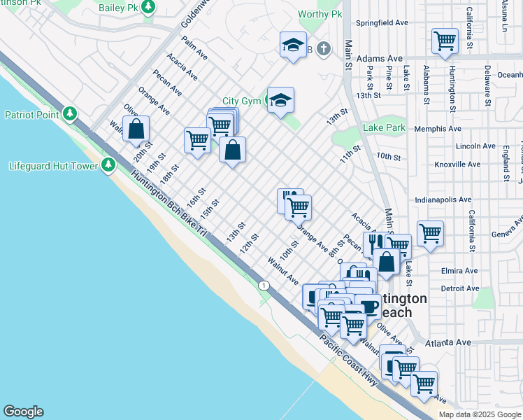 map of restaurants, bars, coffee shops, grocery stores, and more near 314 13th Street in Huntington Beach