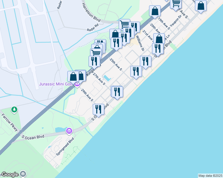 map of restaurants, bars, coffee shops, grocery stores, and more near 2607 Yaupon Drive in Myrtle Beach