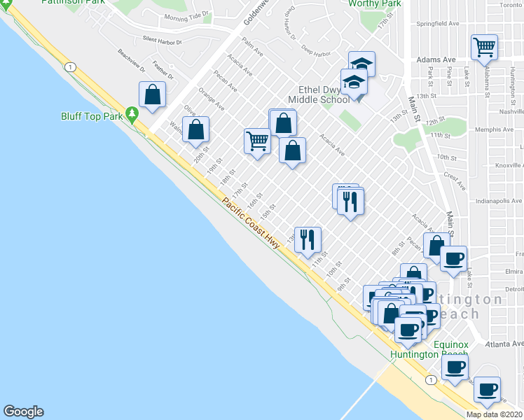 map of restaurants, bars, coffee shops, grocery stores, and more near 115 15th Street in Huntington Beach