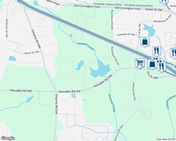 map of restaurants, bars, coffee shops, grocery stores, and more near 976 Walker Lake Road Southwest in Conyers
