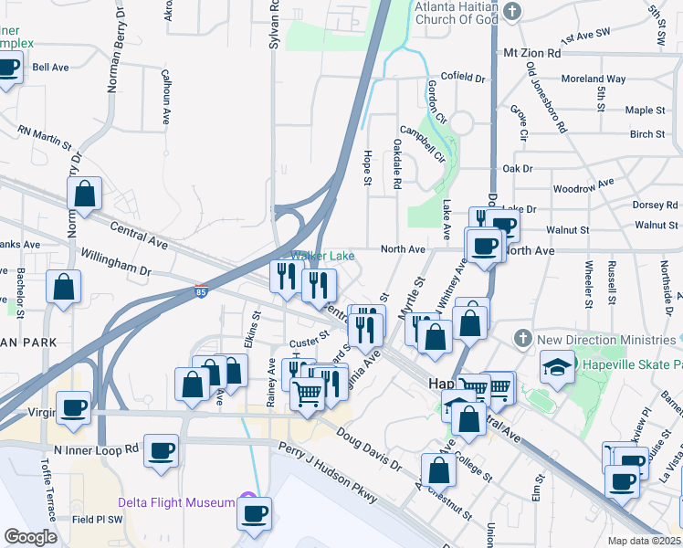 map of restaurants, bars, coffee shops, grocery stores, and more near 3317 Stillwood Lane in Hapeville