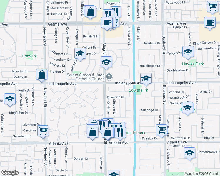 map of restaurants, bars, coffee shops, grocery stores, and more near 20532 Callieburn Circle in Huntington Beach