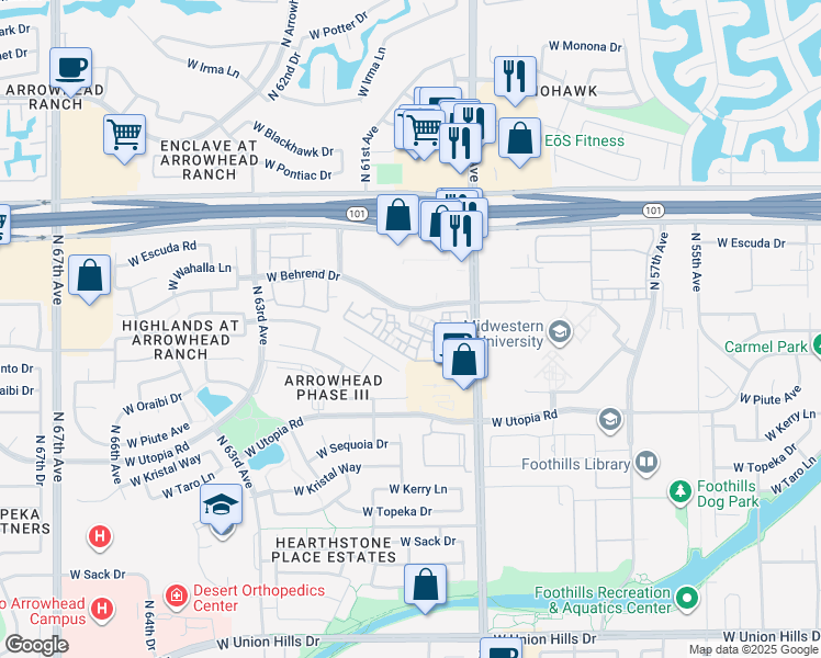 map of restaurants, bars, coffee shops, grocery stores, and more near 5901 West Behrend Drive in Glendale