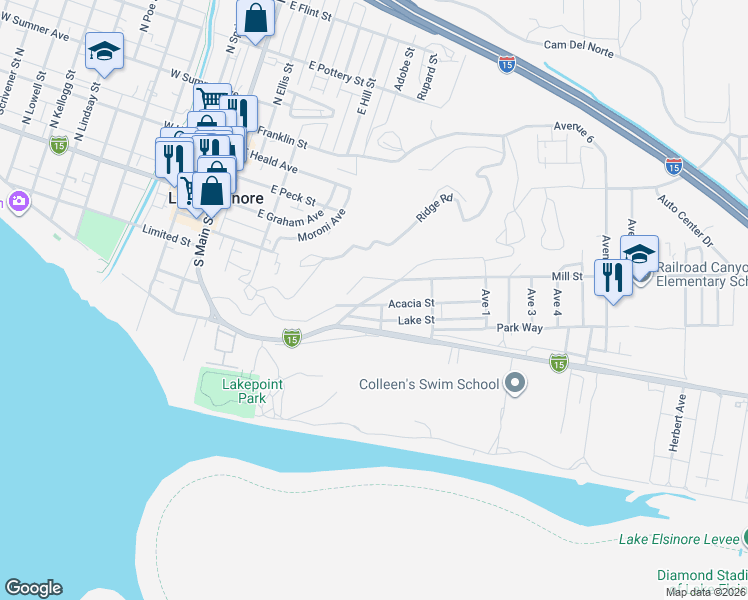 map of restaurants, bars, coffee shops, grocery stores, and more near 571 Acacia Street in Lake Elsinore