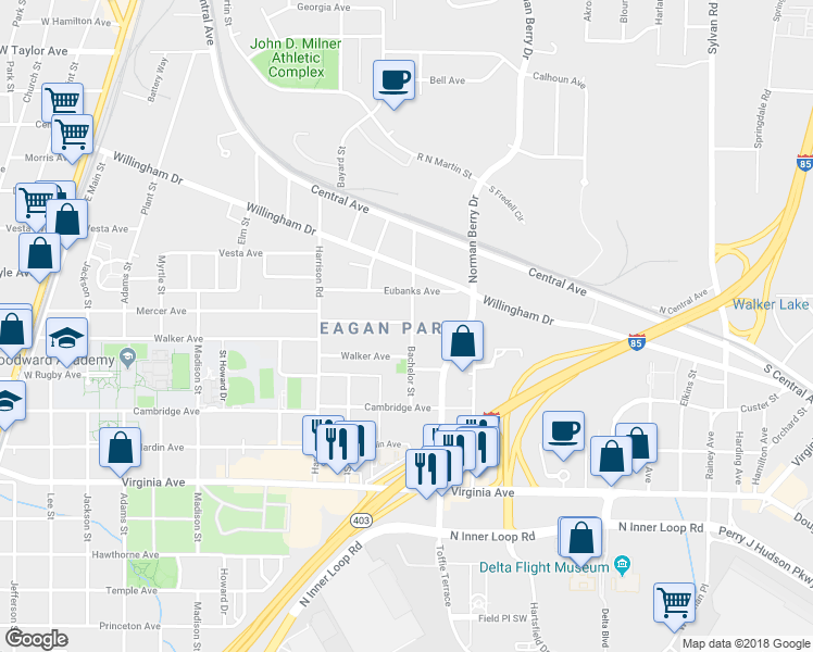 map of restaurants, bars, coffee shops, grocery stores, and more near 3333 Bachelor Street in East Point