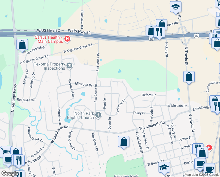 map of restaurants, bars, coffee shops, grocery stores, and more near 2910 Dover Dr in Sherman