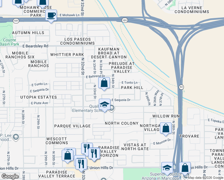 map of restaurants, bars, coffee shops, grocery stores, and more near 3359 East Oraibi Drive in Phoenix
