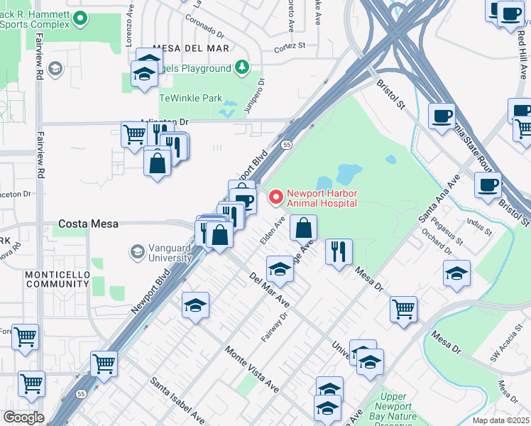 map of restaurants, bars, coffee shops, grocery stores, and more near 120 Lisa Lane in Costa Mesa