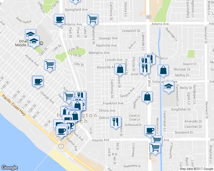map of restaurants, bars, coffee shops, grocery stores, and more near 810 Huntington Street in Huntington Beach
