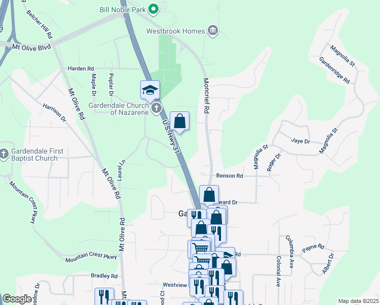 map of restaurants, bars, coffee shops, grocery stores, and more near 1609 Decatur Highway in Gardendale