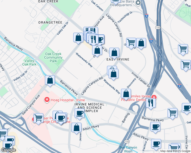 map of restaurants, bars, coffee shops, grocery stores, and more near 15825 Laguna Canyon Road in Irvine