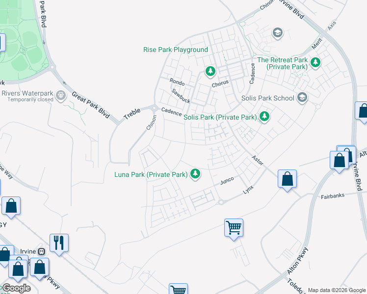 map of restaurants, bars, coffee shops, grocery stores, and more near 127 Merit in Irvine