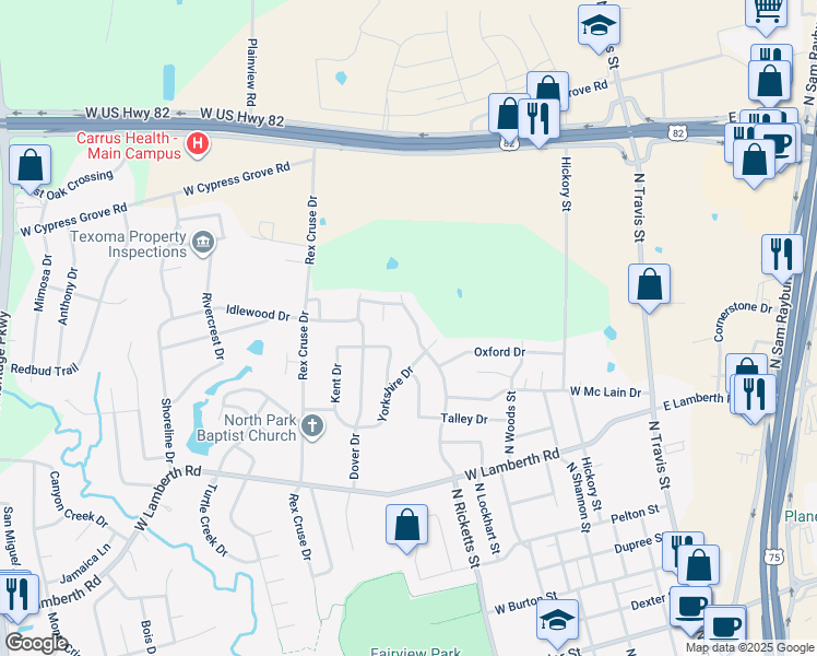 map of restaurants, bars, coffee shops, grocery stores, and more near 2911 Canterbury Circle in Sherman