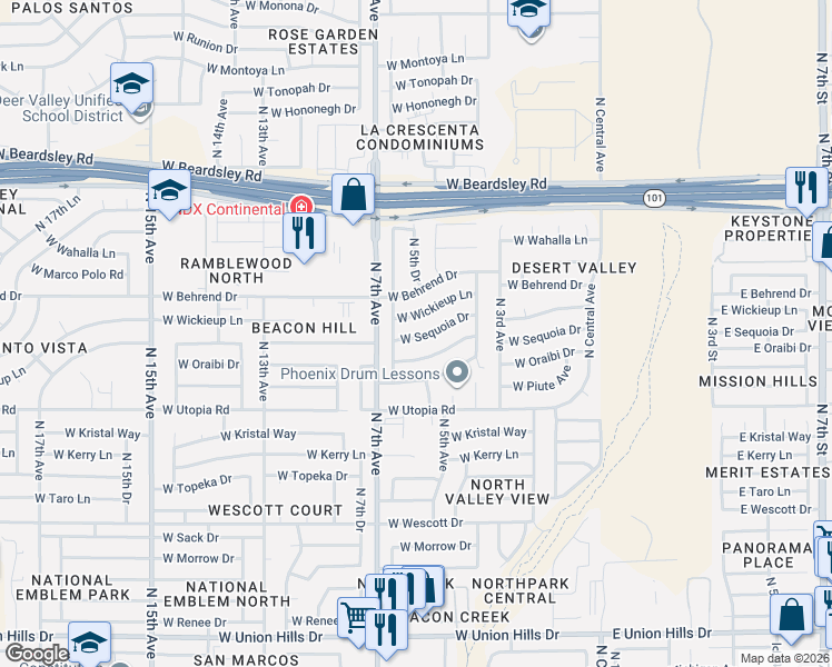 map of restaurants, bars, coffee shops, grocery stores, and more near 520 West Sequoia Drive in Phoenix