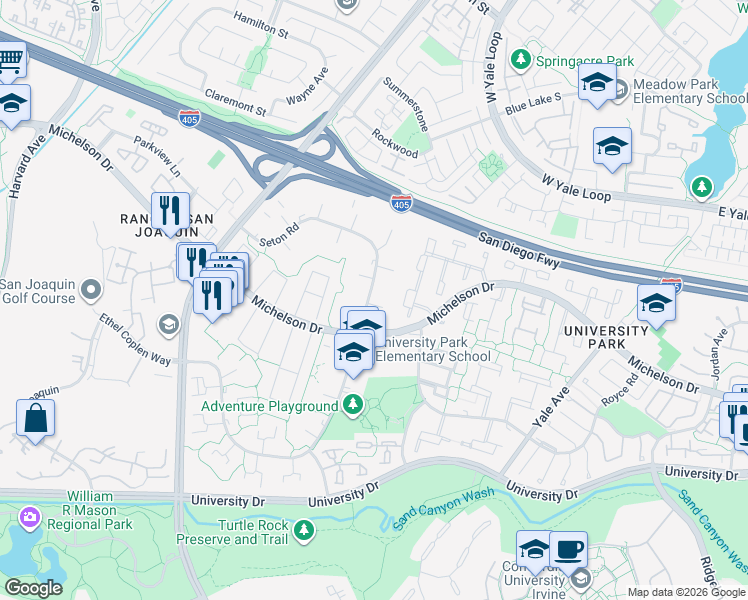 map of restaurants, bars, coffee shops, grocery stores, and more near 9 Lancewood Way in Irvine