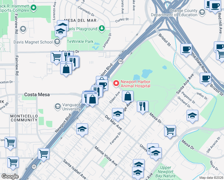 map of restaurants, bars, coffee shops, grocery stores, and more near 120 Lisa Lane in Costa Mesa