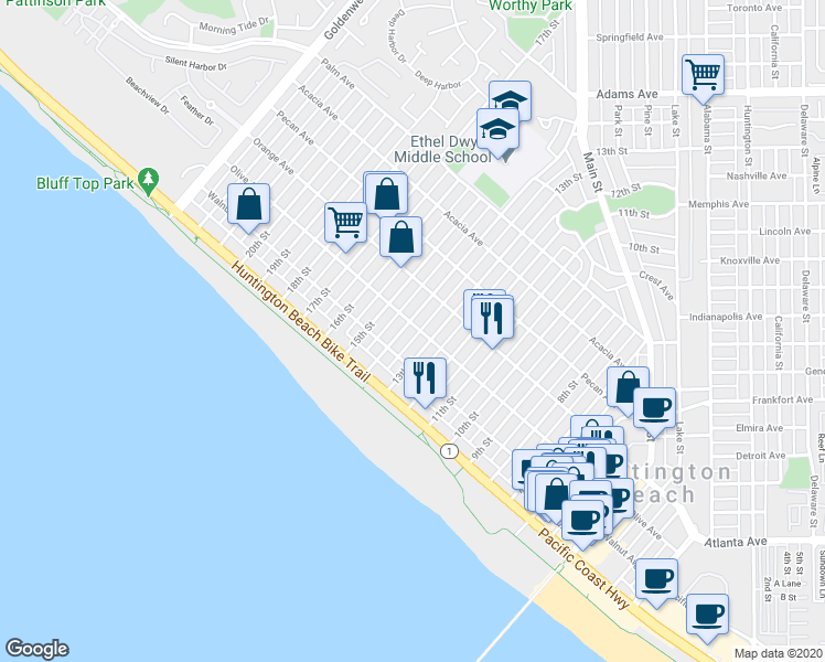 map of restaurants, bars, coffee shops, grocery stores, and more near 302 14th Street in Huntington Beach