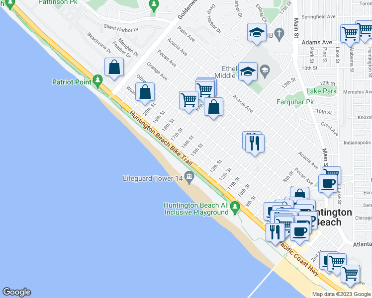 map of restaurants, bars, coffee shops, grocery stores, and more near in Huntington Beach