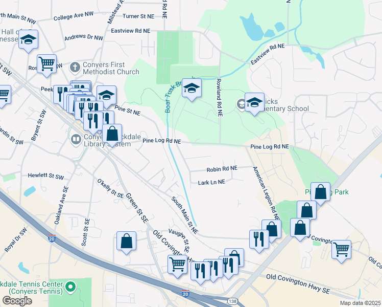 map of restaurants, bars, coffee shops, grocery stores, and more near 1176 Cardinal Road Northeast in Conyers