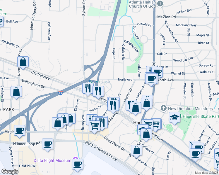 map of restaurants, bars, coffee shops, grocery stores, and more near 3315 Stillwood Lane in Hapeville