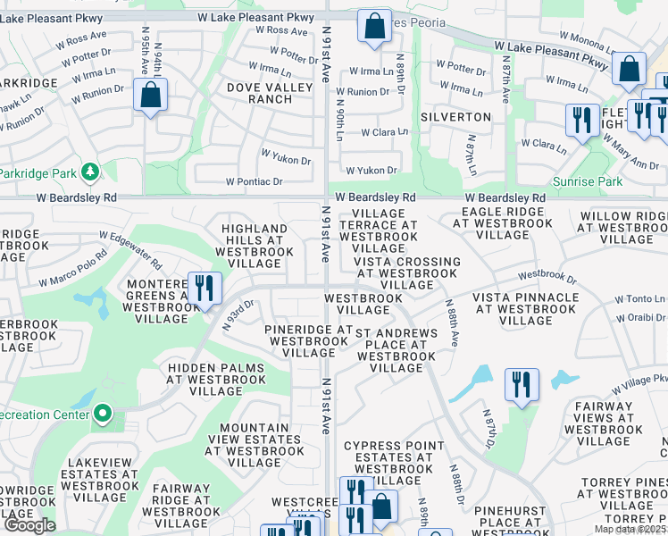 map of restaurants, bars, coffee shops, grocery stores, and more near 19806 North 90th Lane in Peoria