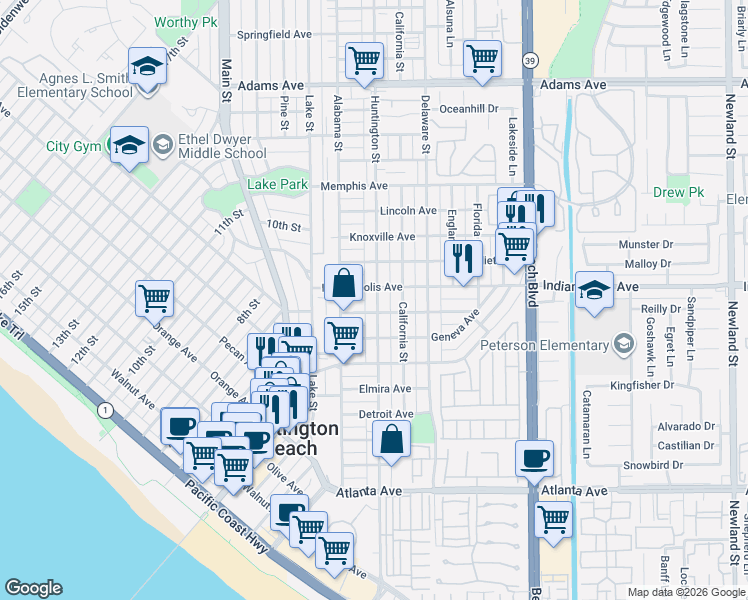 map of restaurants, bars, coffee shops, grocery stores, and more near 810 Huntington Street in Huntington Beach
