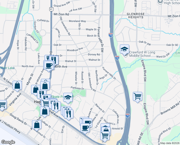 map of restaurants, bars, coffee shops, grocery stores, and more near 3317 Old Jonesboro Road in Hapeville