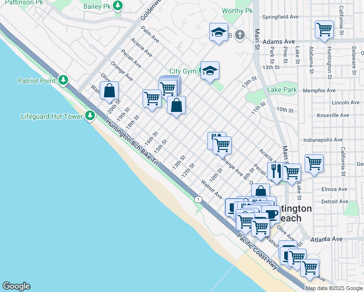 map of restaurants, bars, coffee shops, grocery stores, and more near 1315 Olive Avenue in Huntington Beach