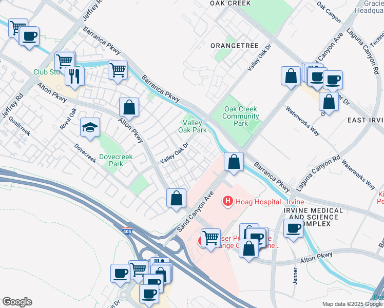 map of restaurants, bars, coffee shops, grocery stores, and more near 229 Oak Glen in Irvine