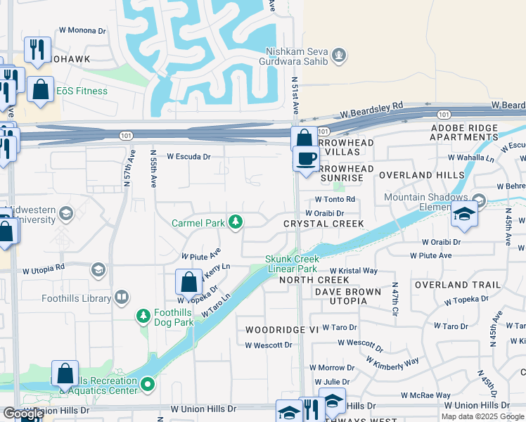 map of restaurants, bars, coffee shops, grocery stores, and more near 19715 North 52nd Avenue in Glendale