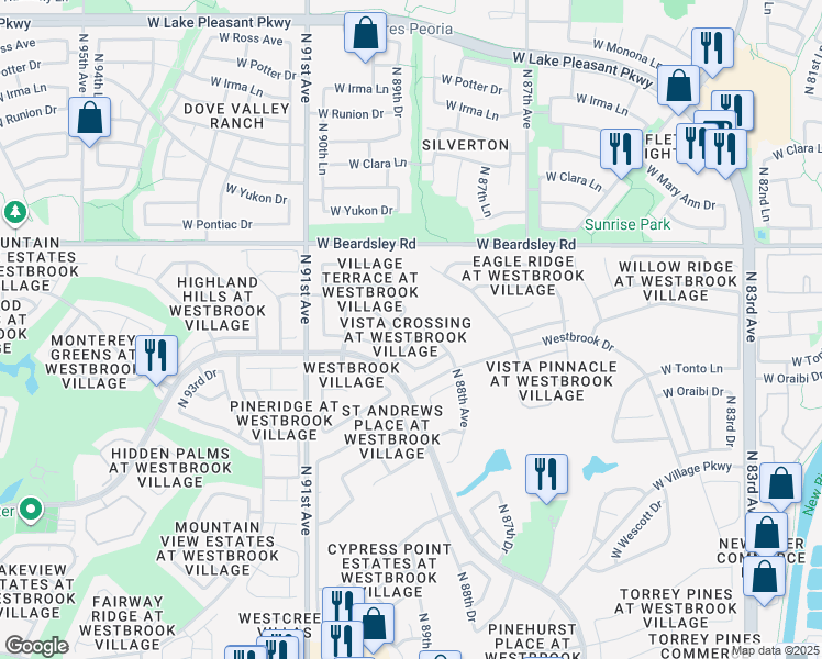 map of restaurants, bars, coffee shops, grocery stores, and more near 8842 West Piute Avenue in Peoria