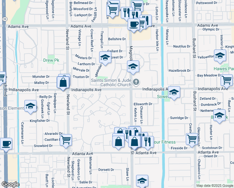 map of restaurants, bars, coffee shops, grocery stores, and more near 8885 Modoc Circle in Huntington Beach