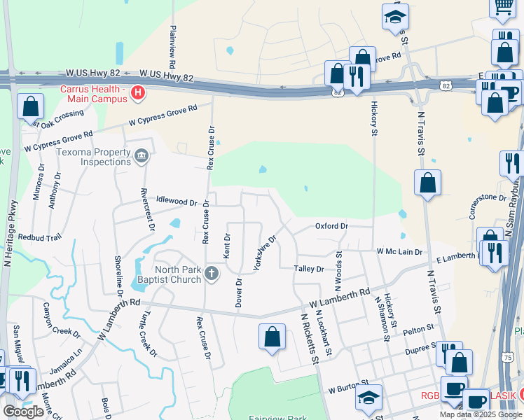 map of restaurants, bars, coffee shops, grocery stores, and more near 2911 Canterbury Circle in Sherman