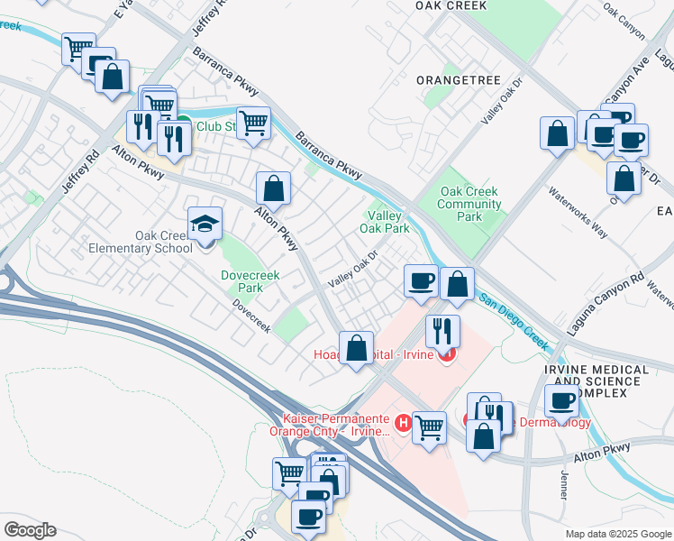 map of restaurants, bars, coffee shops, grocery stores, and more near 23 Highfield Glen in Irvine