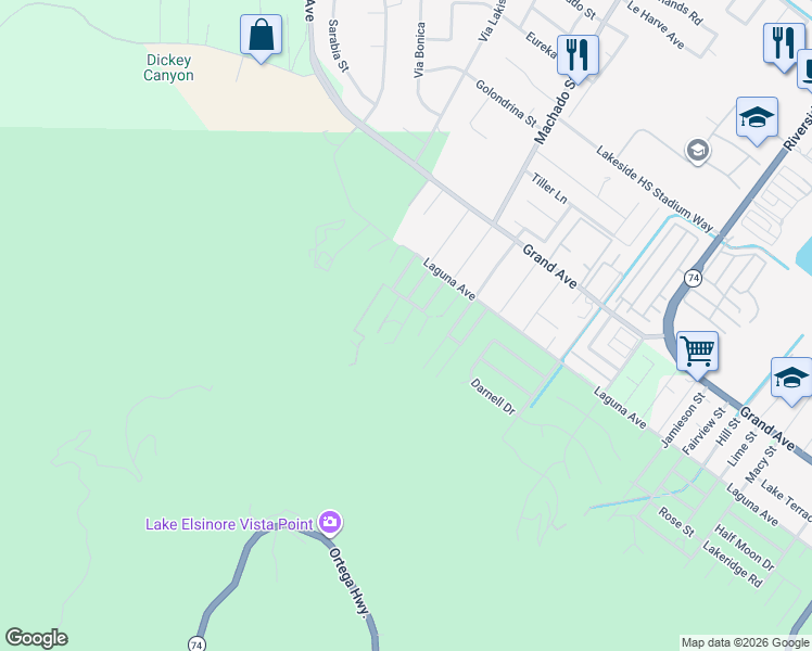 map of restaurants, bars, coffee shops, grocery stores, and more near 33353 Gisborne Street in Lake Elsinore