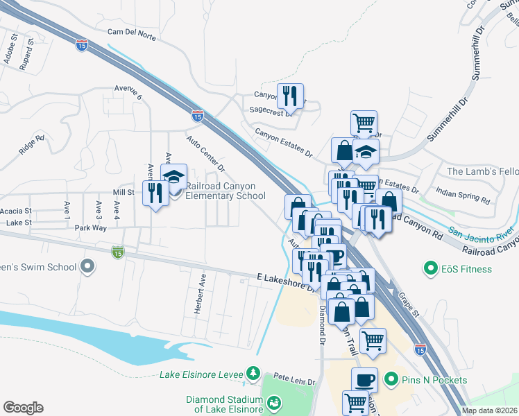 map of restaurants, bars, coffee shops, grocery stores, and more near Auto Center Drive in Lake Elsinore