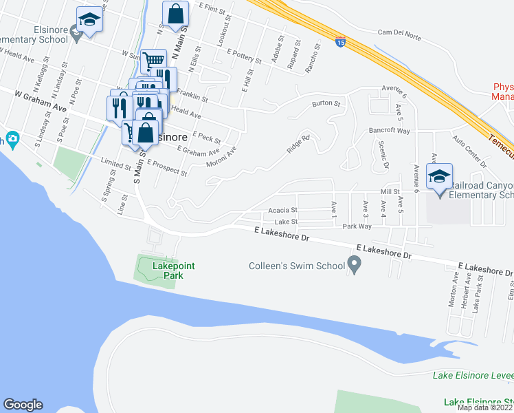 map of restaurants, bars, coffee shops, grocery stores, and more near 571 Acacia Street in Lake Elsinore