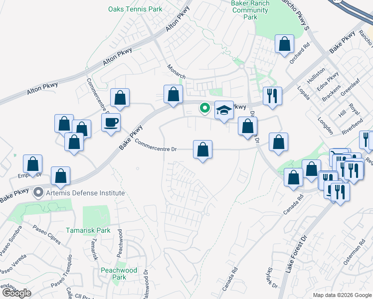 map of restaurants, bars, coffee shops, grocery stores, and more near 25510 Commercentre Drive in Lake Forest