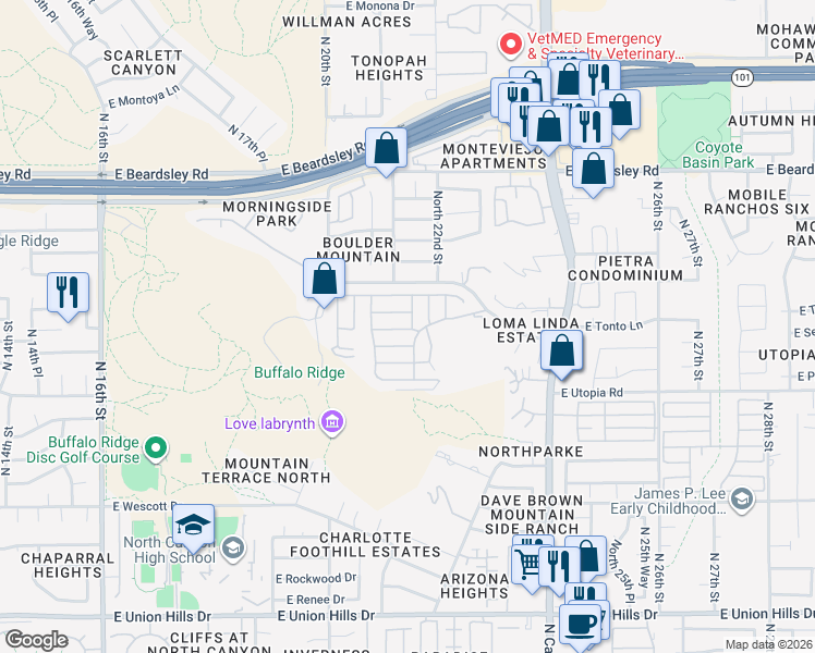 map of restaurants, bars, coffee shops, grocery stores, and more near 2233 East Behrend Drive in Phoenix