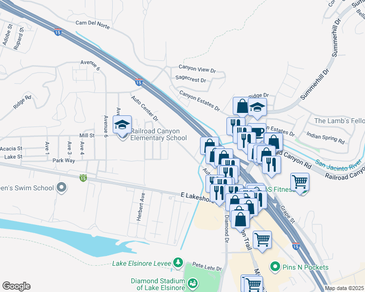 map of restaurants, bars, coffee shops, grocery stores, and more near Auto Center Drive in Lake Elsinore