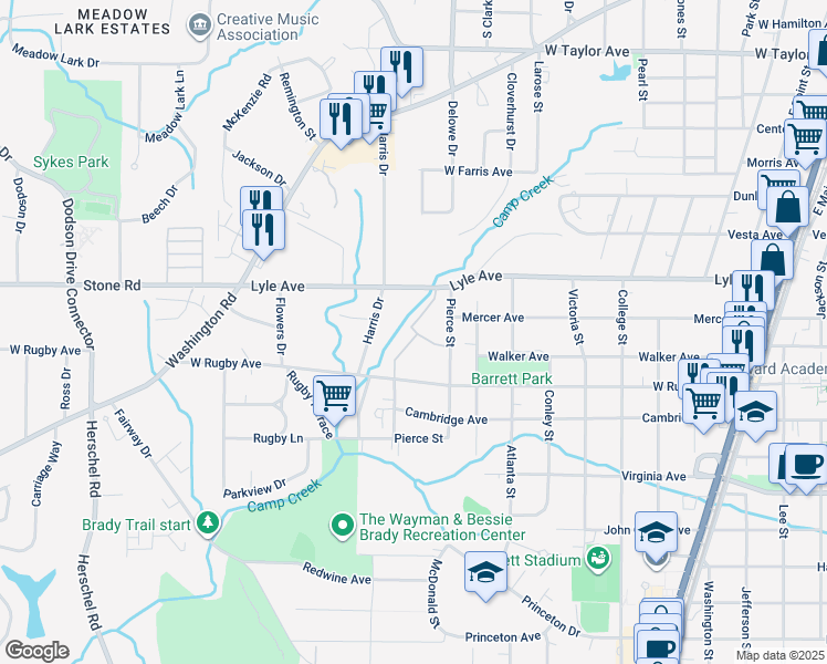 map of restaurants, bars, coffee shops, grocery stores, and more near 2165 Rugby Ave in College Park