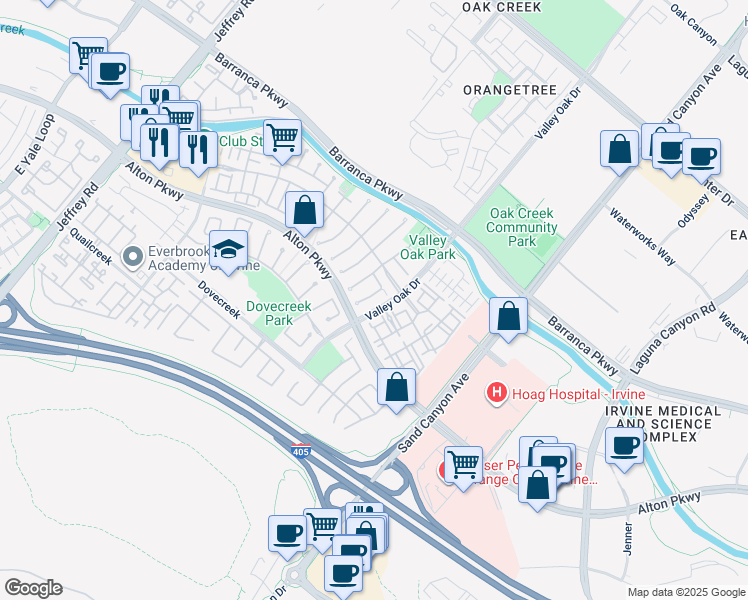 map of restaurants, bars, coffee shops, grocery stores, and more near 23 Highfield Glen in Irvine