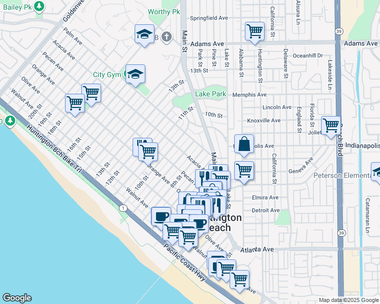 map of restaurants, bars, coffee shops, grocery stores, and more near 617 8th Street in Huntington Beach
