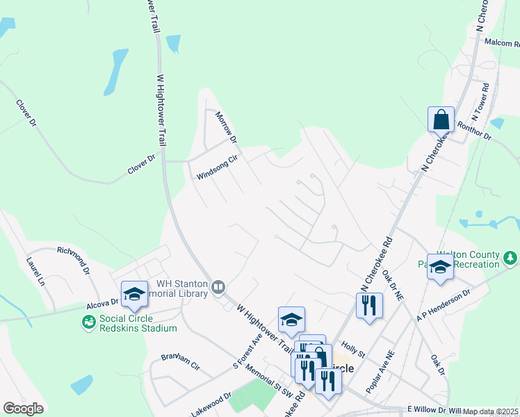 map of restaurants, bars, coffee shops, grocery stores, and more near 255 Park Place Trail in Social Circle